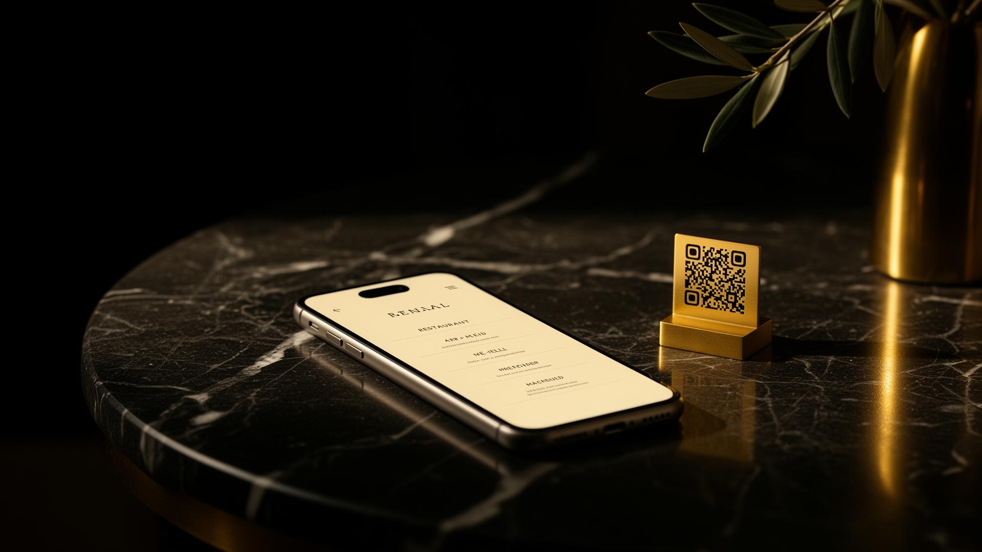 Premium ψηφιακό μενού σε smartphone δίπλα σε QR code σε μαρμάρινο τραπέζι